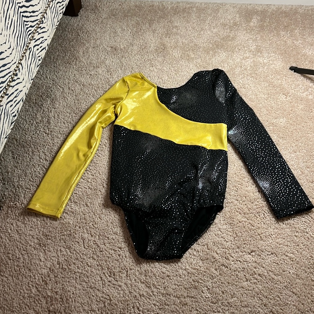 Kids Girls Gymnastics Ballet Dance Leotard Long Sleeve Shiny Gold Black Sparkle